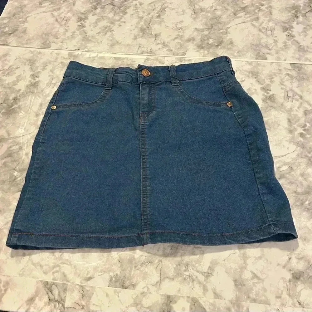 Girls Pink Angel Blue Jean Mini Skirt Size 14